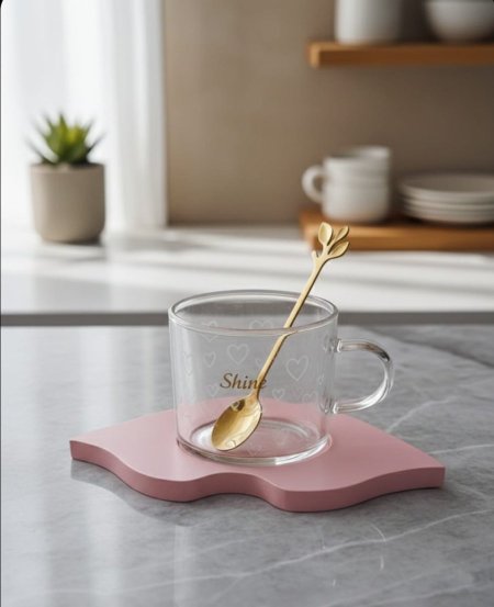 كوب شفاف مع معلقه وصحن