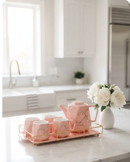 طقم شاي باللون الوردي