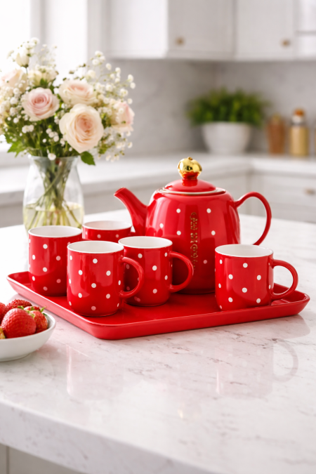 طقم شاي مميز باللون الأحمر