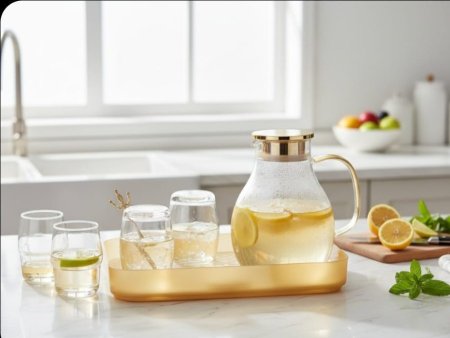 طقم إبريق زجاج مع صينية ذهبية