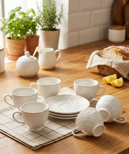 طقم فناجين محفر لون ابيض